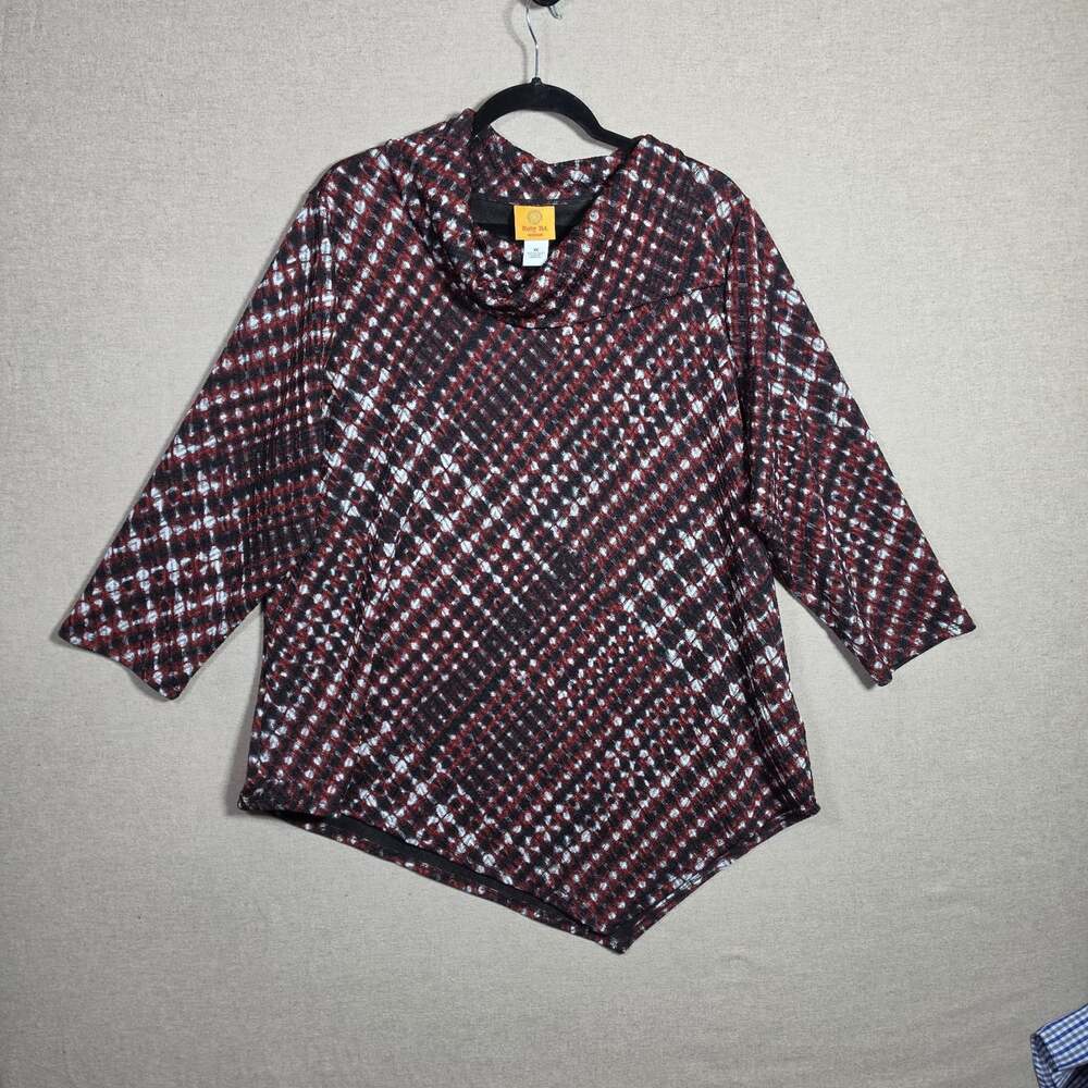 Ruby Rd 2X Red black Cowl Neck high low Tunic Top 3/4 Sleeve Casual Chic Blouse